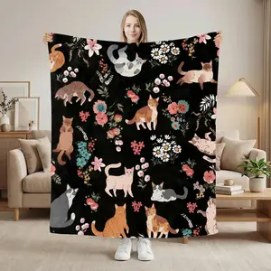 Cat Floral Flannel Blanket Ultra Soft Machine Washable Easy Care Cozy Plush Throw Perfect Sofa Bed Home Decor Durable Pet Friendly Design