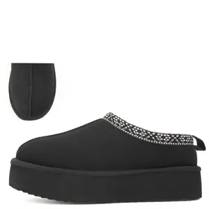 Taz-H -Black - Women's  Platform Slippers with Fluffy Fur Lining