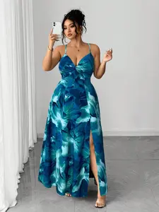 Plus Size Floral Print Halter Dress, Watercolor Style, Deep V Neck, Slim Fit, Midi Length, High Split, Versatile for Multiple Occasions