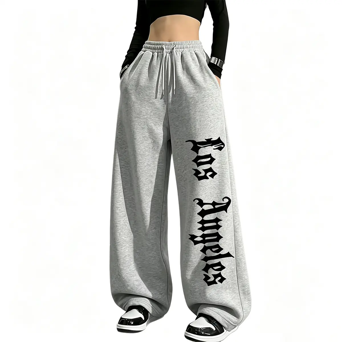 JOGWAVE Lady's Los Angeles Vertical Old English Wide Leg Sweatpants, High Waist Drape Baggy Floor-Length Athletic Bottoms, West Coast Hip Hop Streetwear Activewear Sportswear Trousers for Daily & Dance