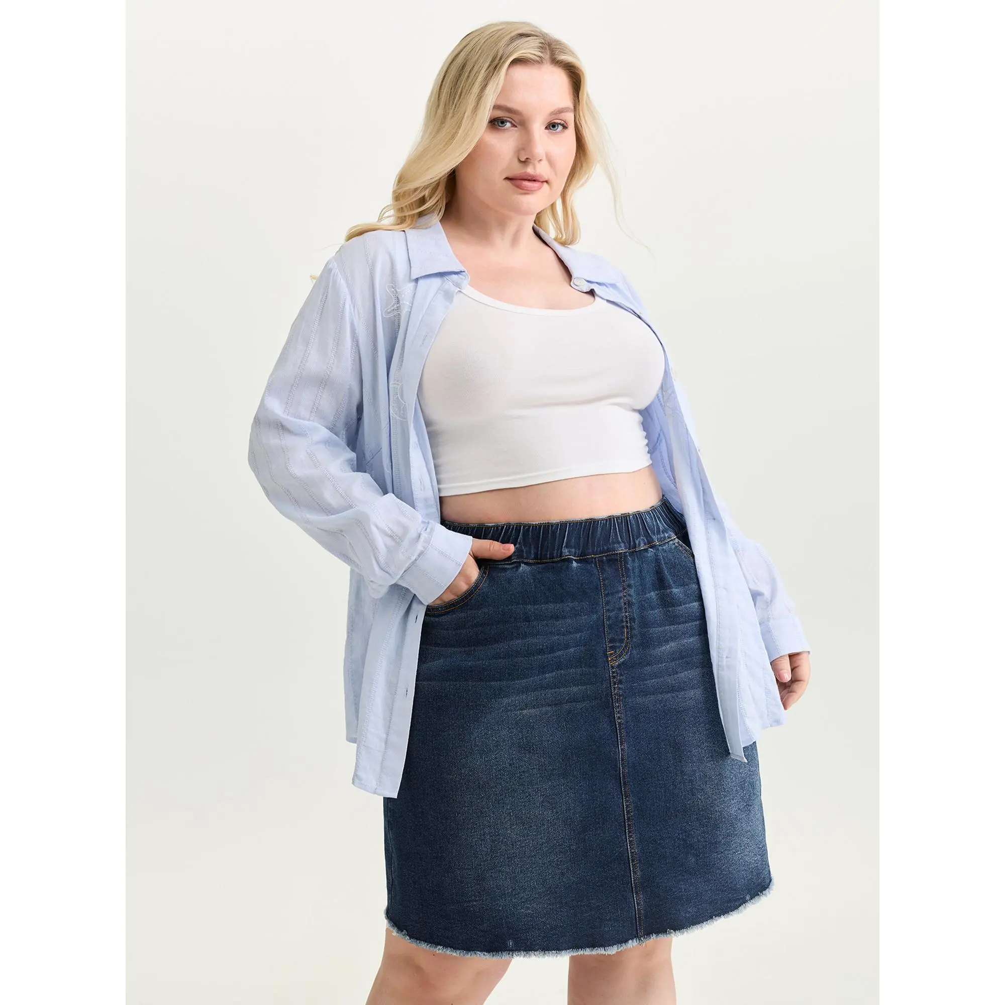 BLOOMCHIC Women's Plus Size Basic Blue Denim Midi Skirt - Medium Stretch Cotton Spandex Fabric, Raw Hem, Straight Leg, Flattering Fit, Pockets, M-6X/22-24/3X Sizes, Pull On, Casual Wear, Cold/Machine Wash, Low Heat Iron, Clothes, Garment, Skirts for Women
