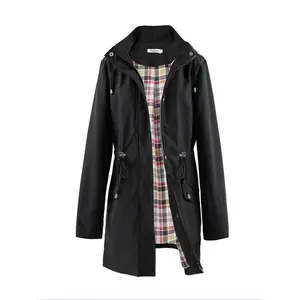 Women's Solid Color Drawstring Zip Up Hooded Trench Coat, Casual Long Sleeve Waterproof Windproof Outerwear for Spring & Fall, Ladies Clothes for Daily Wear Womenswear Jackets Tops Comfort Black Gamis Fitted