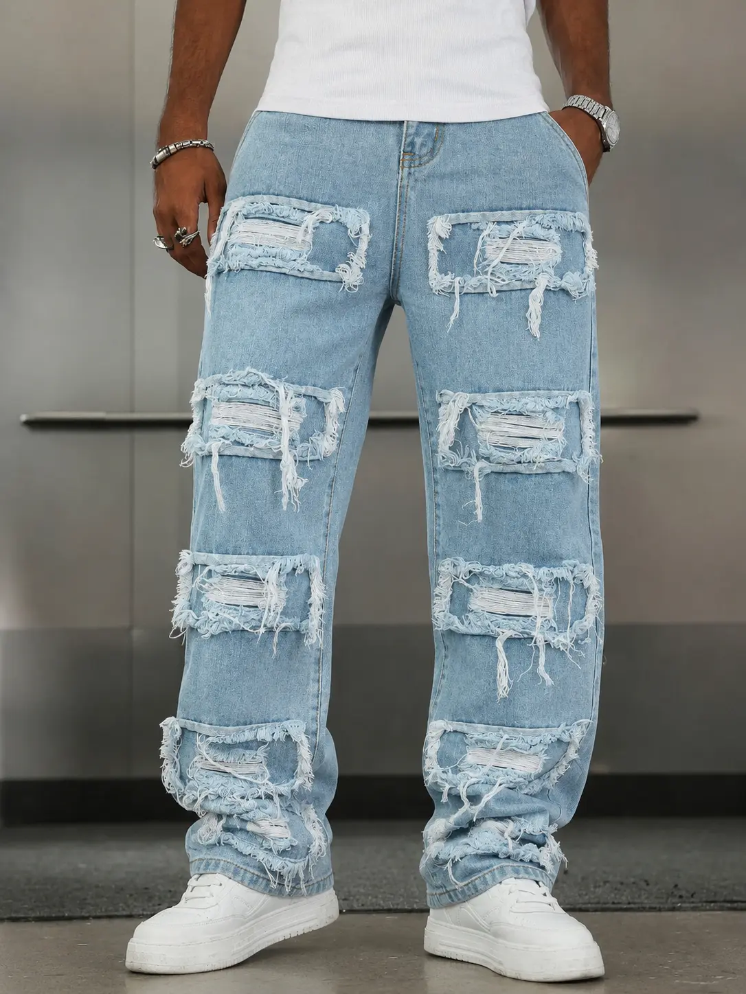 Men’s Distressed Tapered Jeans, Vintage Washed Ripped Denim Pants, Casual Streetwear Jeans for Fashion Photoshoots, Daily Wear and Weekend Outfits