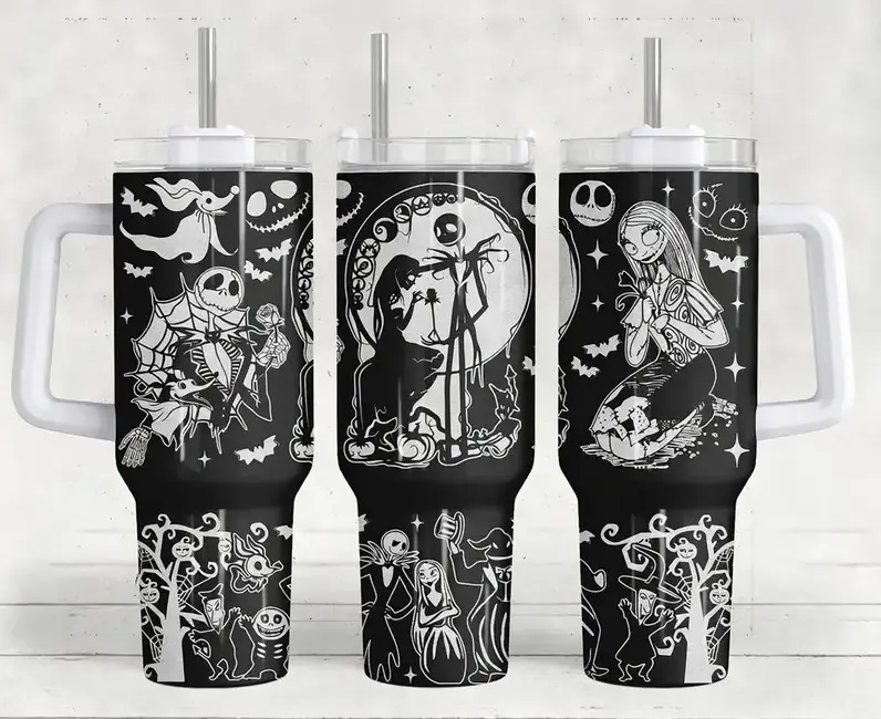[Halloween Collection] Nightmare's Before's Christmas 40oz/20oz Tumbler with Handle & Straw, Stainless Steel Double Wall Vacuum Insulated Travel Mug, Spooky Skeleton Couple Design, Keeps Drinks Hot & Cold, Fits Car Cup Holder, Gift for Horror Movie Fans