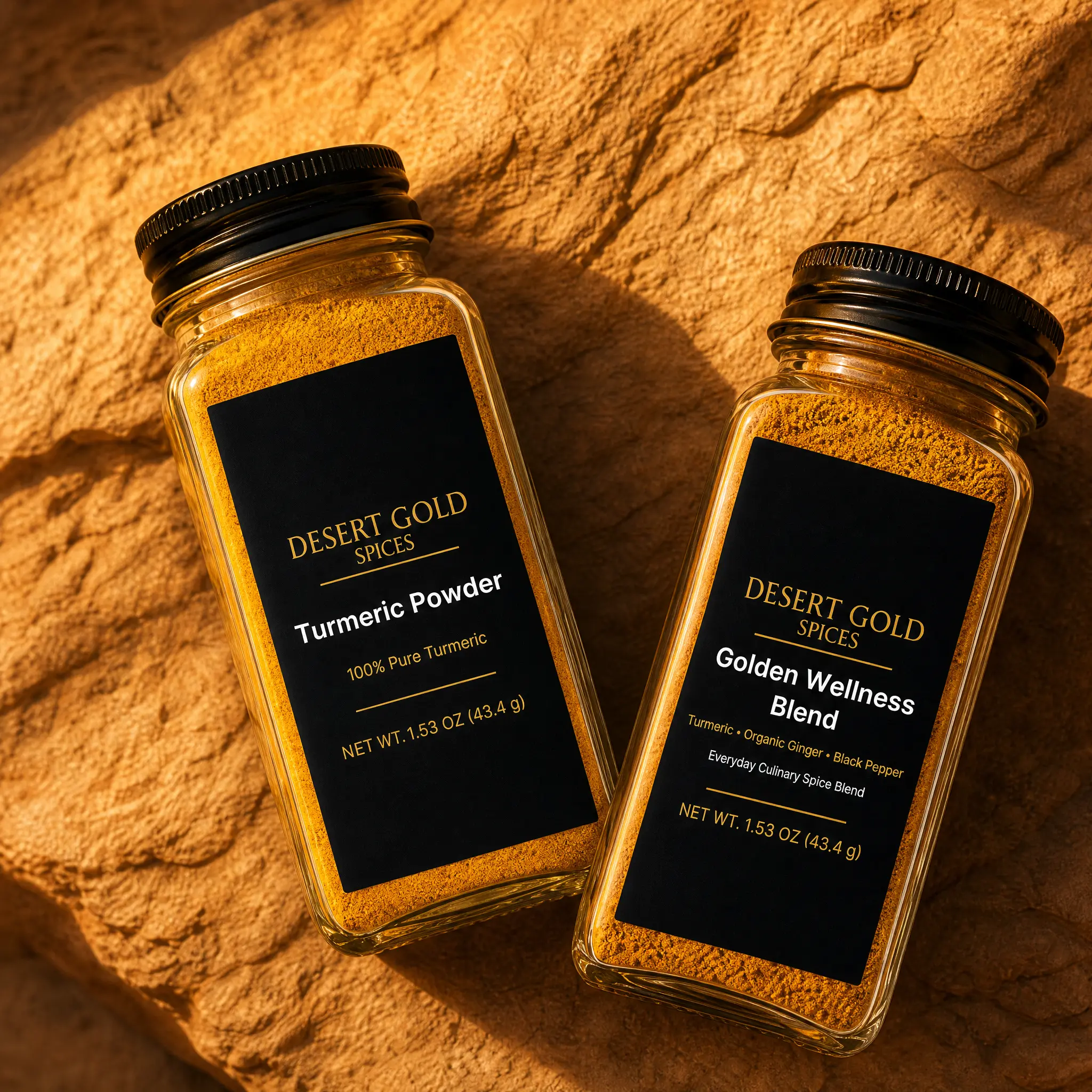Desert Gold Spices 2-Pack - Turmeric Powder & Golden Spice Blend, 2x1.53 oz Glass Jars, Culinary Seasonings with Ginger, Black Pepper