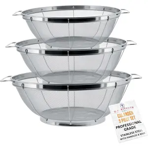 Supply - 3 Piece Colander Set - Stainless Steel Mesh Strainer Net Baskets with Handles & Resting Base - 11" 5 Quart, 9.5" 4 Quart and 8.5" 3 Quart - Strain, Drain, Rinse, Steam or Cook wicker  basket