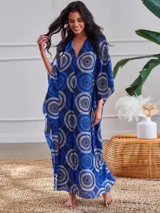 Plus  Size All Over Print Batwing Sleeve Kaftan Dress, Boho Casual V Neck Long Dress for Summer Beach Vacation, Women's Plus Clothing for Daily Wear