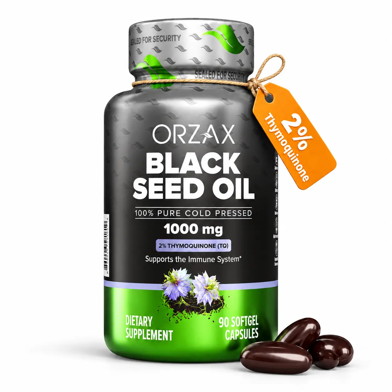 ORZAX Black Seed Oil Capsules – 1000mg, 2% Thymoquinone, Gluten-Free, 100% Cold-Pressed – Immunity Boost & Hair, Skin Health Support – 90 Softgels