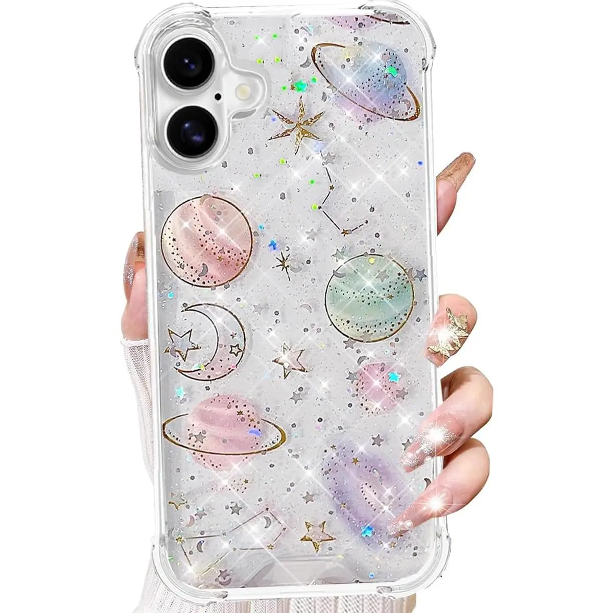 iPhone 17 / 17 Pro / 17 Pro Max Clear Glitter Case, Cute Girly Bling Sparkle Planet Space Stars Moon Universe Pattern Soft TPU Silicone Shockproof Slim Protective Phone Cover for Women Girls, Clear 6.3 Inch Compatible Case