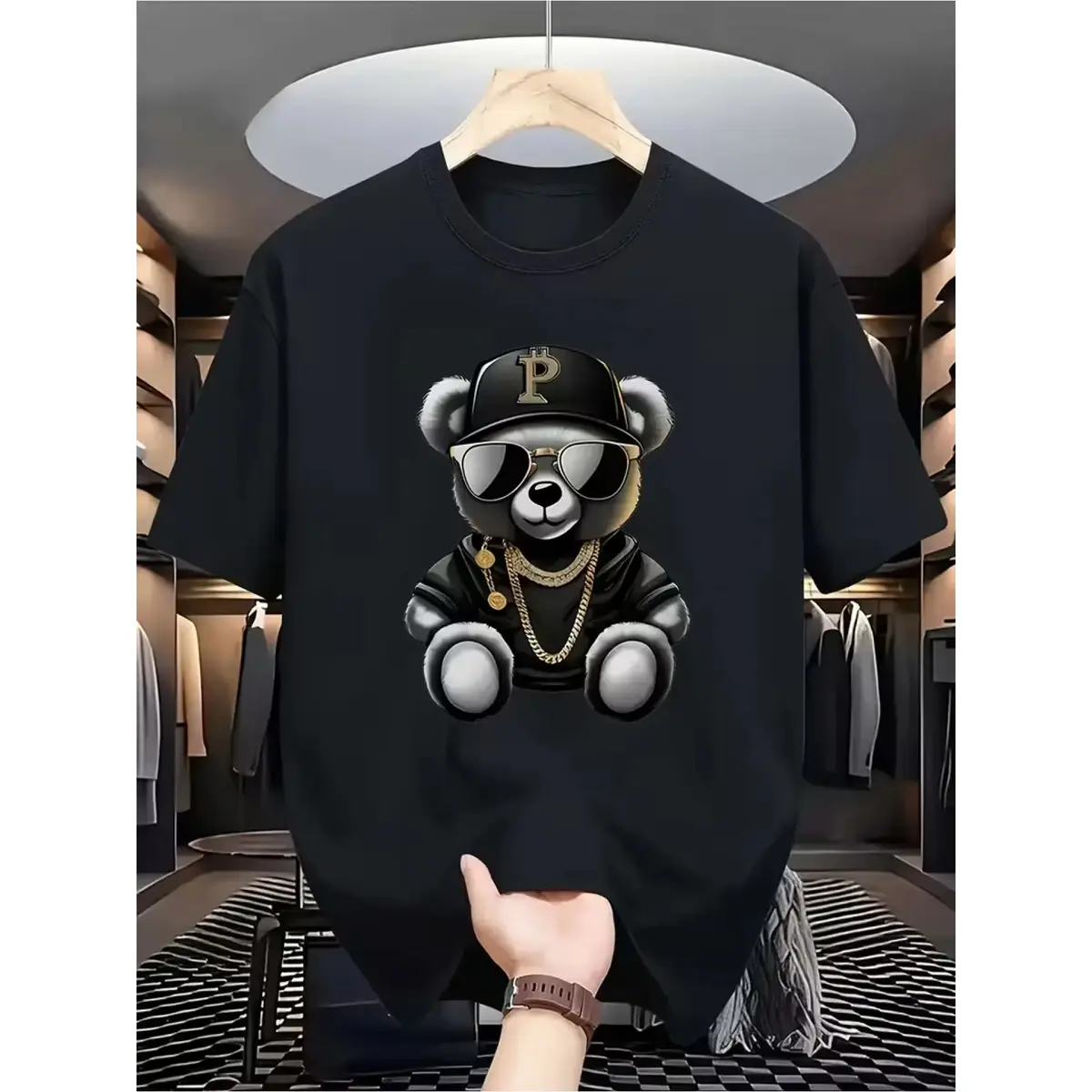Women's Teddy Bear Graphic Short-Sleeve Round Neck Cotton Stylish Top, Unisex Comfortable Streetwear T-Shirt, Summer Casual, All-Season, Easy-Care, Machine-Wash Black