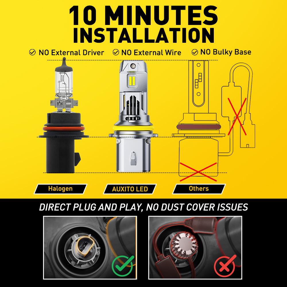 AUXITO 2026 Latest 9007 Headlight Bulbs,48000 6500K Cool White 800% Brighter, HB5 Light Bulbs for Fog Light, Non-polarity, Plug and Play, Pack of 2