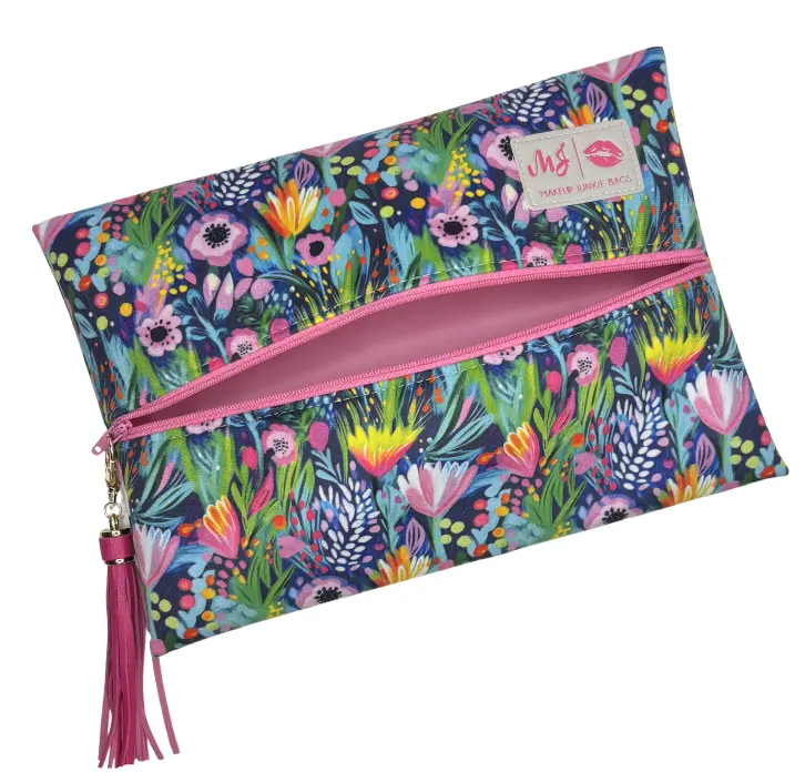 Makeup Junkie Bags Lily Bloom Velvet Cosmetic Bag for Women, Patented Lay-Flat Travel Organizer with Lifetime Warranty, Handmade Pouch, Mini 4 x 7 inch to Large 9.5x13 inches, Anyone Who Values Organization And Style