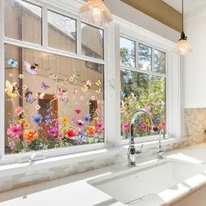 A set of two (30*60cm*2pcs) spring flower elf butterfly natural atmosphere window stickers, static adsorption glass window home decoration and beautification Decorative Stickers D16522*2