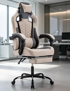 High-Back Ergonomic PVC Leather Gaming Chair - 300LBS Weight Capacity, Massage Function, Footrest, Headrest, Lumbar Support (Grey)