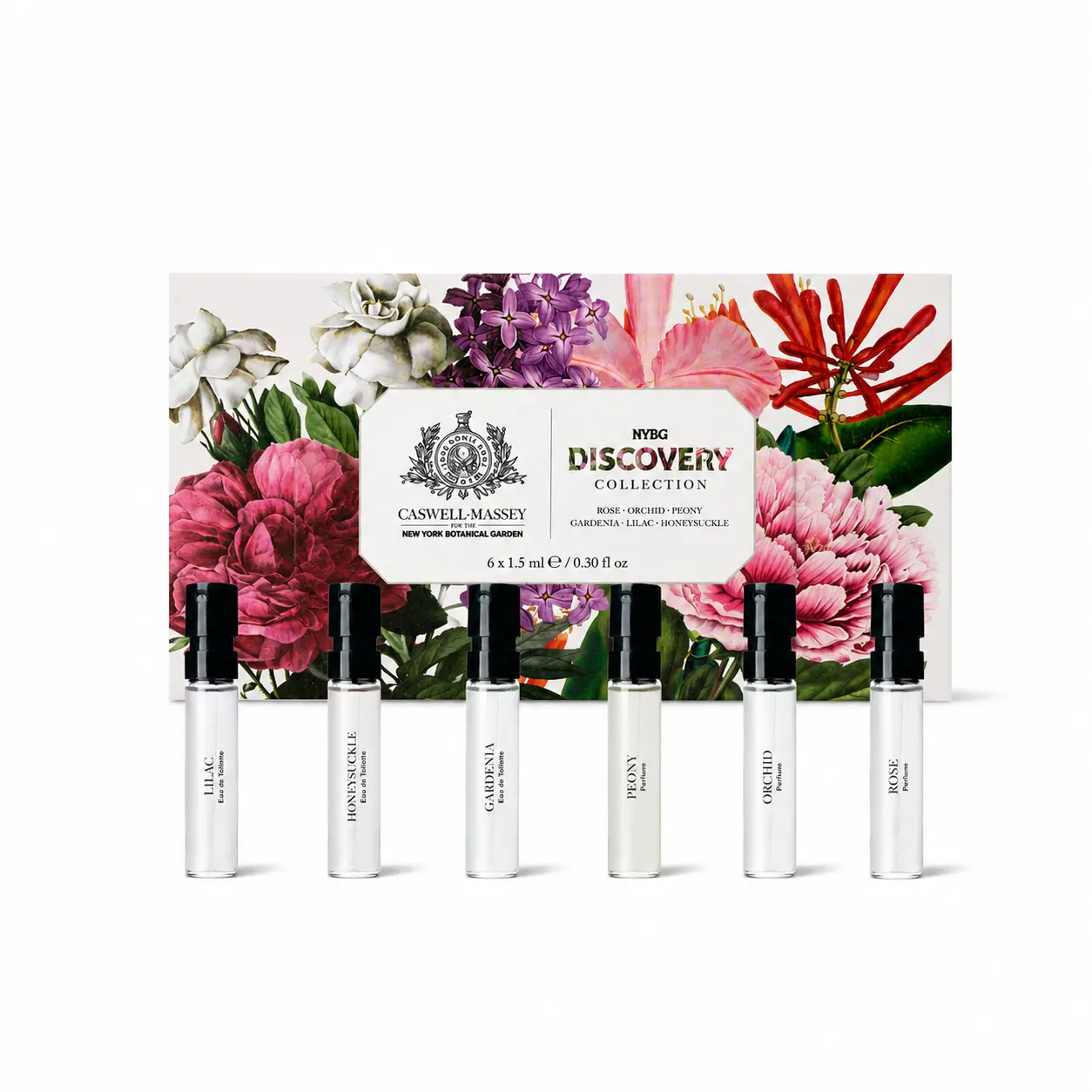 Caswell-Massey NYBG Floral Fragrance Discovery Set – 6 Luxury Floral Perfume & Eau de Toilette Samples for Women – Gardenia, Rose, Lilac, Peony, Orchid & Honeysuckle – 6 x 1.5 mL