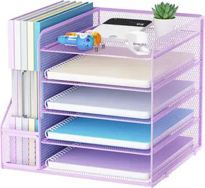 5-Tier Paper Letter Tray Organizer with File Holder, Mesh File Organizer, Desk Organizers and Office Accessories, Desk Organization for Supplies (Purple)