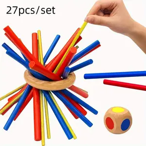 27-Piece Wooden Stick Game, Three Colors and Difficulty Levels, Brain Teaser for Kids, Balance and Patience Training, Ages 3-14, Perfect for Holidays
