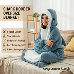 Hooded Oversized Wearable Blanket Shark Onesie Super Soft Flannel Cozy Shark Sleep Pajamas for Kids Adults Womenswear Loungewear Nightwear Basic Home Sleeping Bag
