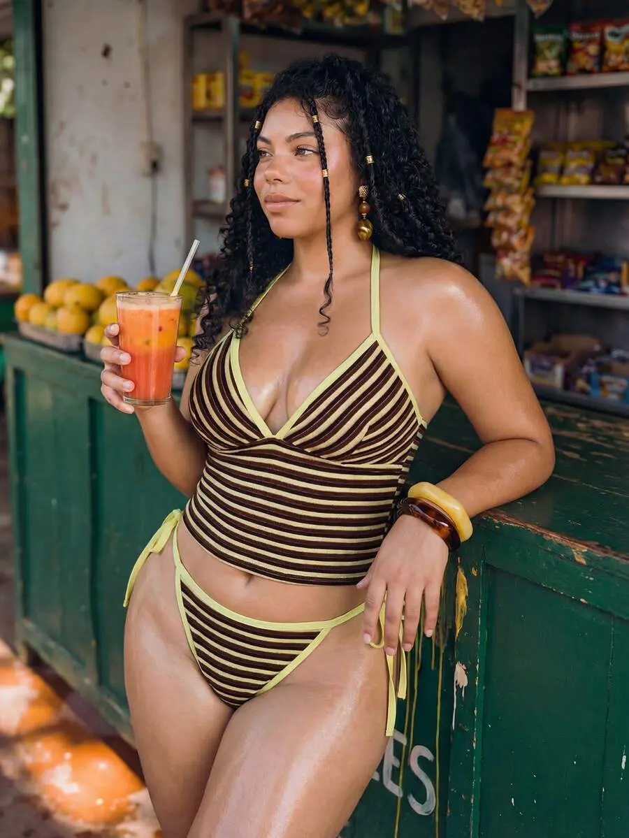 Retro Tropical Striped Bikini Set, 1920s Flapper, Beach, Holiday Halter Triangle Top Plus Size Two-Piece Swimwear For Women
