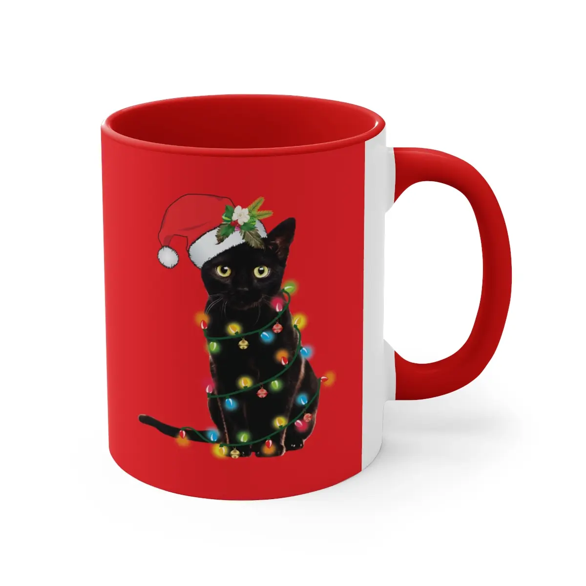Black Santa Cat Tangled Up In Christmas Lights Red Accent Coffee Mug 11oz Ceramic Drinkware Kitty Reuse