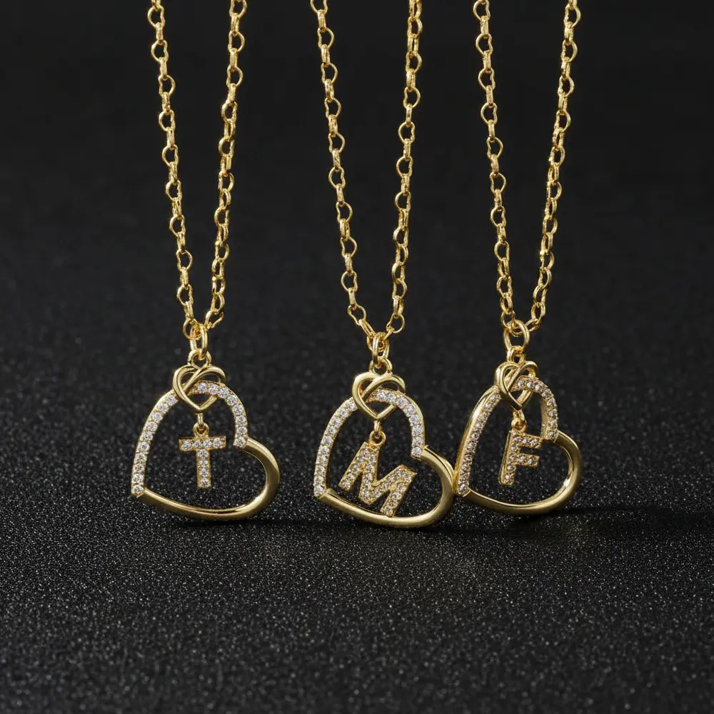 Zircon 26 initials necklace, simple hollow heart pendant, couple gift, anniversary gift
