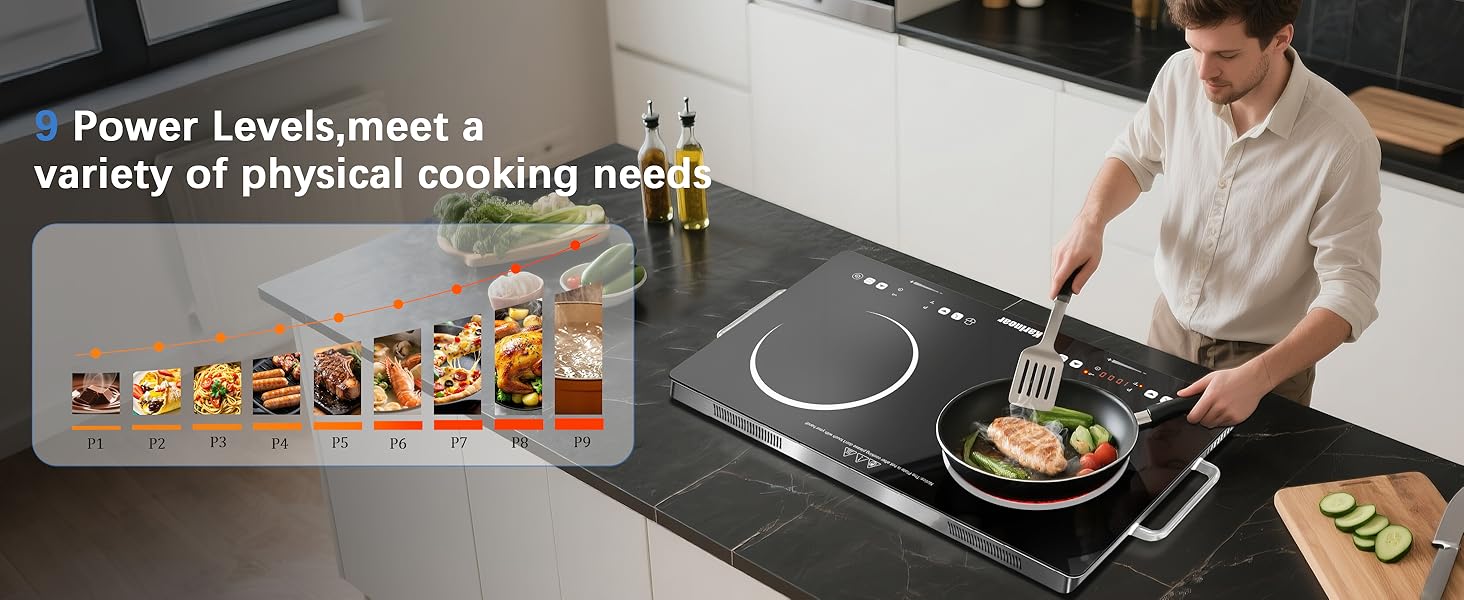 Karinear 2000W Portable Electronic Induction Cooktop - Double Burner Energy-Saving Multi-Function Induction Hobs, Cooking Equipment with Handle, Child Safety Lock, Knob & Touch Controls, 9-Level Adjustable Temperature, US Plug Kitchen Appliance
