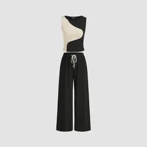 Cider Round Neck Contrasting Crop Tank Top & Solid Elastic Waist Drawstring Trousers