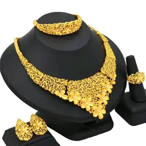 24K Golden Plated 5pcs Set 1 Necklace 1 Bracelet 1 Ring 2 Earrings Middle East Dubai Ladies European African Bride Four-piece Set National Style Jewelry Wedding Hip-Hop Amulet
