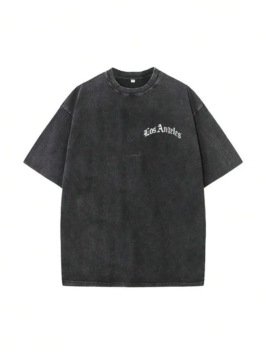 Vintage Los Angeles Gothic T-Shirt, Washed Black Cotton Oversized Short Sleeve Tee, Retro Old English Text Graphic Casual Crewneck Shirt for LA Lovers