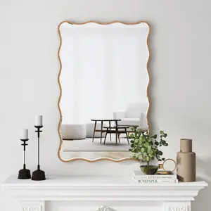 SHYFOY Antique Rectangle Wave Accent Wall Mirror Modern Gold Metal Mirror - 30"×20" Decor