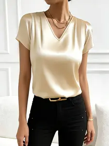 Women's V-Neck Satin Short Sleeve Top, Casual Fitted Blouse for Daily Wear, Basic Plain Pattern, Smooth, Comfortable and Stylish Ladies' Clothing, Womenswear