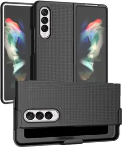 Case with Clip for Galaxy Z Fold 3 5G, Nakedcellphone Grid Texture Slim Hard Cover and Custom Belt Hip Holster Holder View Stand Combo for Samsung Z Fold3 Phone (SM-F926) 2021