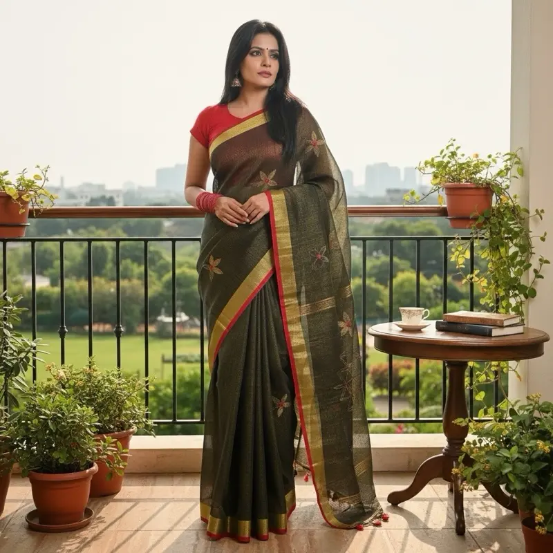 Women's Olive Green Embroidered Indian Saree - Elegant Traditional Wear, Elegance