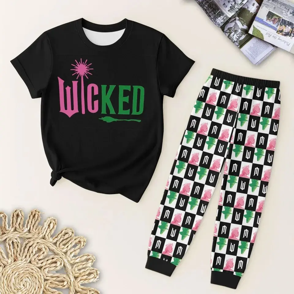 Wicked T-Shirt and Sweatpants Set, Pink Green Witch Checkerboard Halloween Sleepwear Design, Gift for Movie Fans