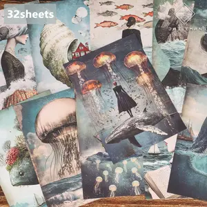JAIIMAN 32sheets Vintage Surreal Ocean Jellyfish Theme DIY Junk Journal Paper, for Scrapbooking Supplies, Background Pad, Journaling Supplies, Paper Craft, Craft Enthusiasts, Collage Decoration, Card Making, Picture Frame Decoration, Collage Decoration