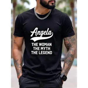Angela The Woman The Myth The Legend Funny First Name T-Shirt - 100% Cotton 180g Heavyweight Retro Crewneck Tee, Unisex S-XXXL, Bold White & Black Angela Name Print, Casual & Workout Shirt for Men Women, Gift for Mom, Friends, Birthdays