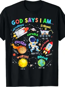 God Says I Am Astronaut T-Shirt - 100% Cotton Crew Neck Space Theme Shirt with Cosmic Planets & Galaxy Print, Soft Stretchy Casual Wear Suitable for Seasons, Machine Washable Apparel for Everyday and Themed Events