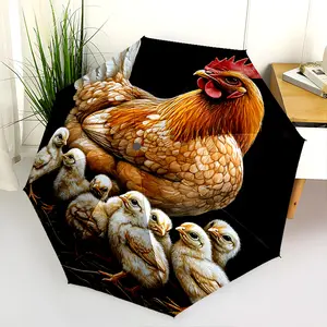 1 PC Automatic Folding Umbrella - Chicken with Chicks on Nest Pattern, Portable & Foldable Design with 8 Ribs, Merry Christmas Pattern,Casual Outdoor Accessory Halloween and Christmas Birthday Gifts. H0099