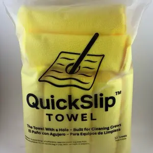 QuickSlip Towel – 12 Pack Microfiber Cleaning Towels with Center Hole | Fits Mop Handles | Commercial Cleaning | 350 GSM | Reusable Washable
