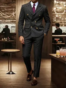 Men's Striped Print Button Decor Blazer & Pants Two-Piece Set, Fitted Slim Business Formal Suit Set for Wedding Party, Men's Clothing for Spring & Fall, Menswear