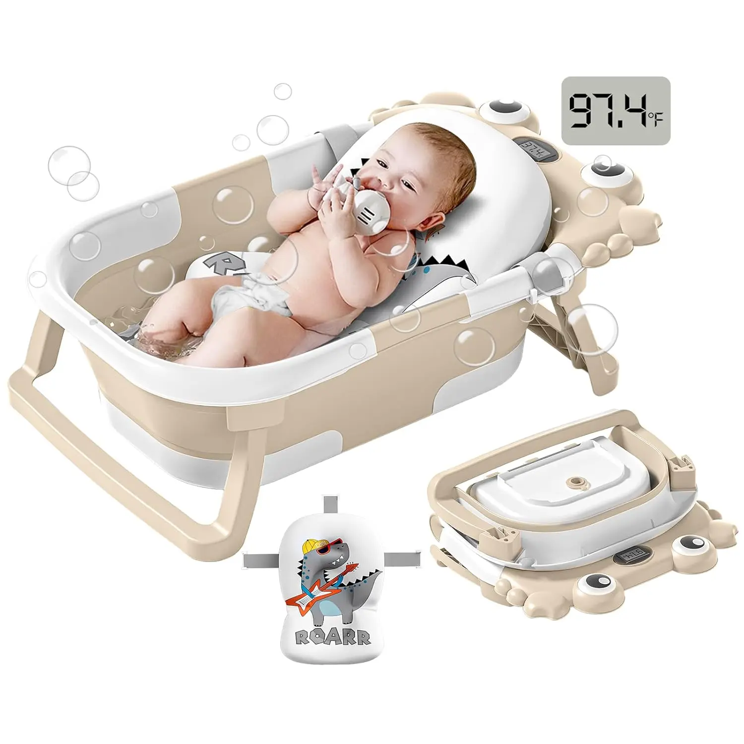 Collapsible Baby Bathtub for 0-36 Months Infants Toddlers with Real-time Temp Monitor Floating Cushion Foldable Portable Travel Baby Bath Tub Set Beige for Newborns Boy