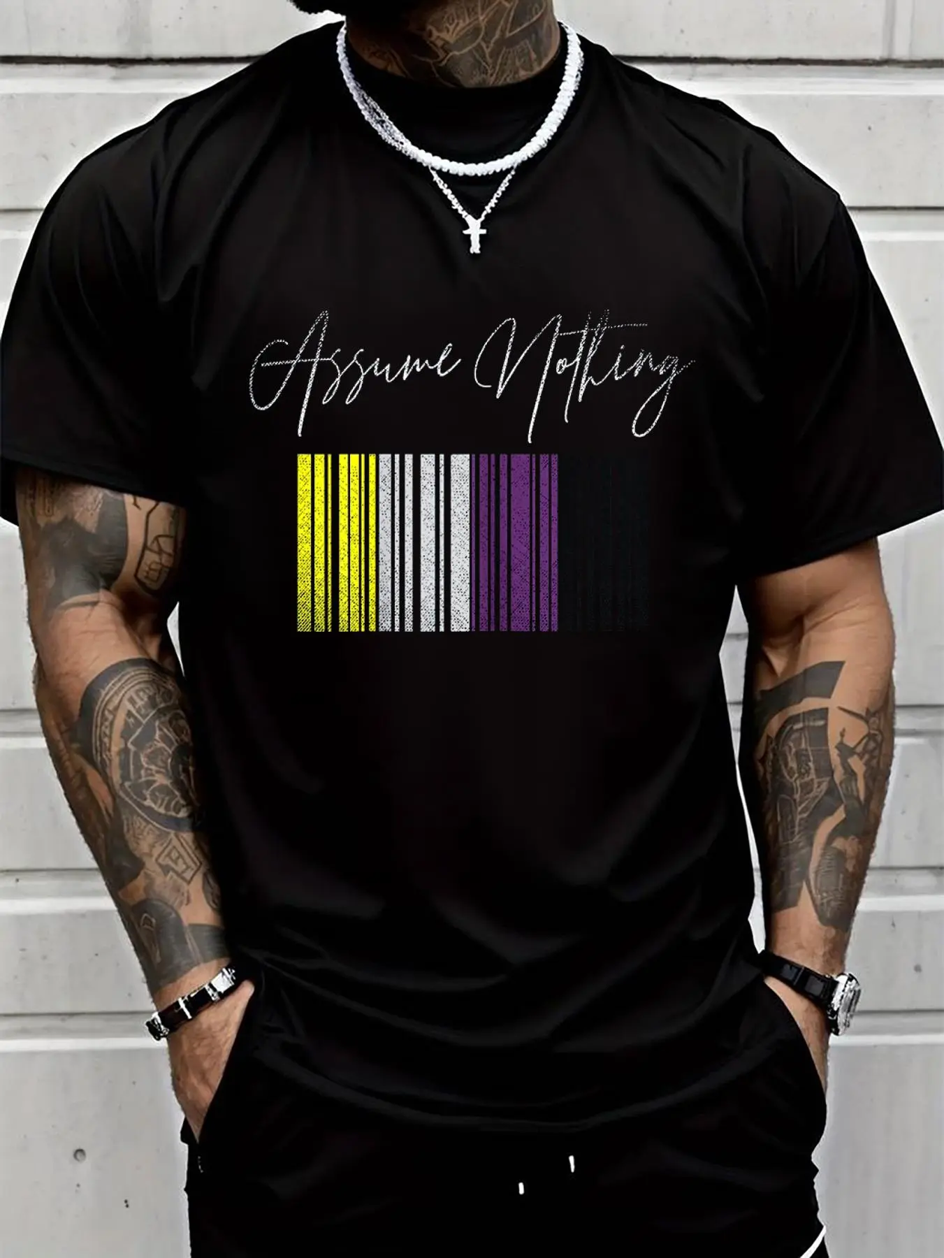 100% cotton Assume Nothing Non Binary Pride Flag Genderfluid Non Binary Printed T-shirt, Short-sleeved Crew Neck Casual Top, Suitable For All Seasons, Men's Wear