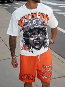 Men's Cartoon Face Print Knit Short Sleeve Tee & Shorts Set, Summer Casual, Comfortable Round Neck Top & Shorts Combo