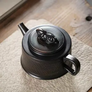 Chinese Yixing purple clay tiger teapot, handcrafted “jumping knife” craft, built-in filter and leopard knob, smooth pouring, elegant tea pot for home, office, and gifting, traditional wooden design.