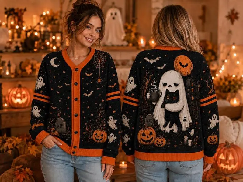 Halloween Ghost Pumpkin Cardigan, Spooky Ghost Pumpkin Black Cat Sweater, Cute Fall Cardigan, Autumn Pumpkin All-Over Print Jacket Ethan Annie