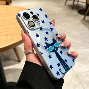 Blue Cat with Sunglasses Phone Case Artistic Style Phone Case for iPhone 17 Pro Max 17 Air 17Pro 16 15 14 13 12 11 Pro Max Starry Night Gift Cool Cat Illustration Design Dark Blue Stars Pattern Trendy Cat Lover Gift Idea Funny Kitty