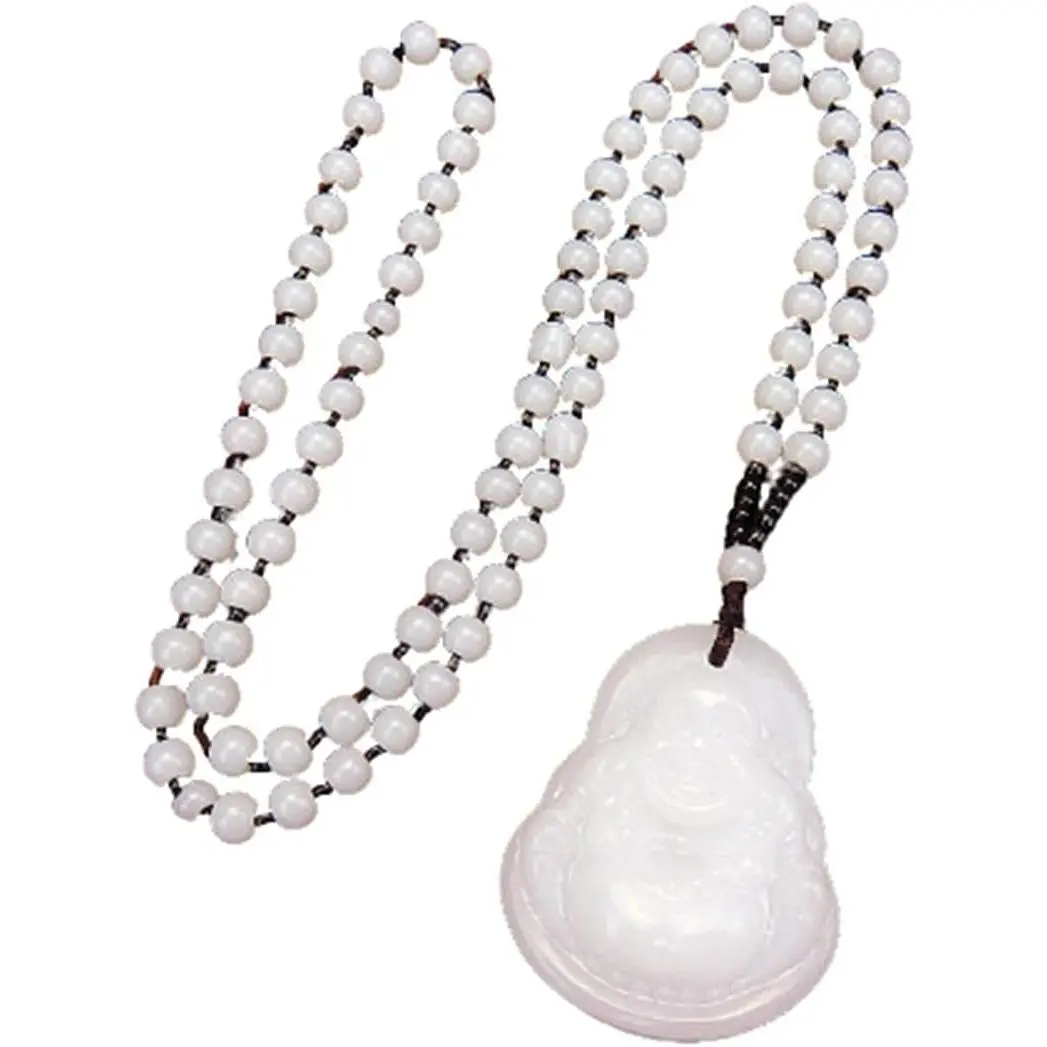 Laughing Buddha Pendant Necklace Green Black Imitation Jade Buddha Guanyin Crystal Beaded Rope Chain Gemstone Lucky Amulet Jewelry for Women Men-white buddha