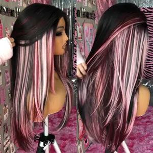BrownBomb Gluleless Calico Synthetic Lace Front Layered Wig Neapolitan Alt Hair Color Pre-plucked Pre-cut HD Lace 26 Inch Middle Part Heat Resistant Fiber With Bangs Natural Hairline  3 Seconds Wear for Holiday gifts and Vacations Daily Use.