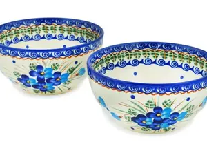 Polish Pottery Set of 2 Bowls Blue Pansy