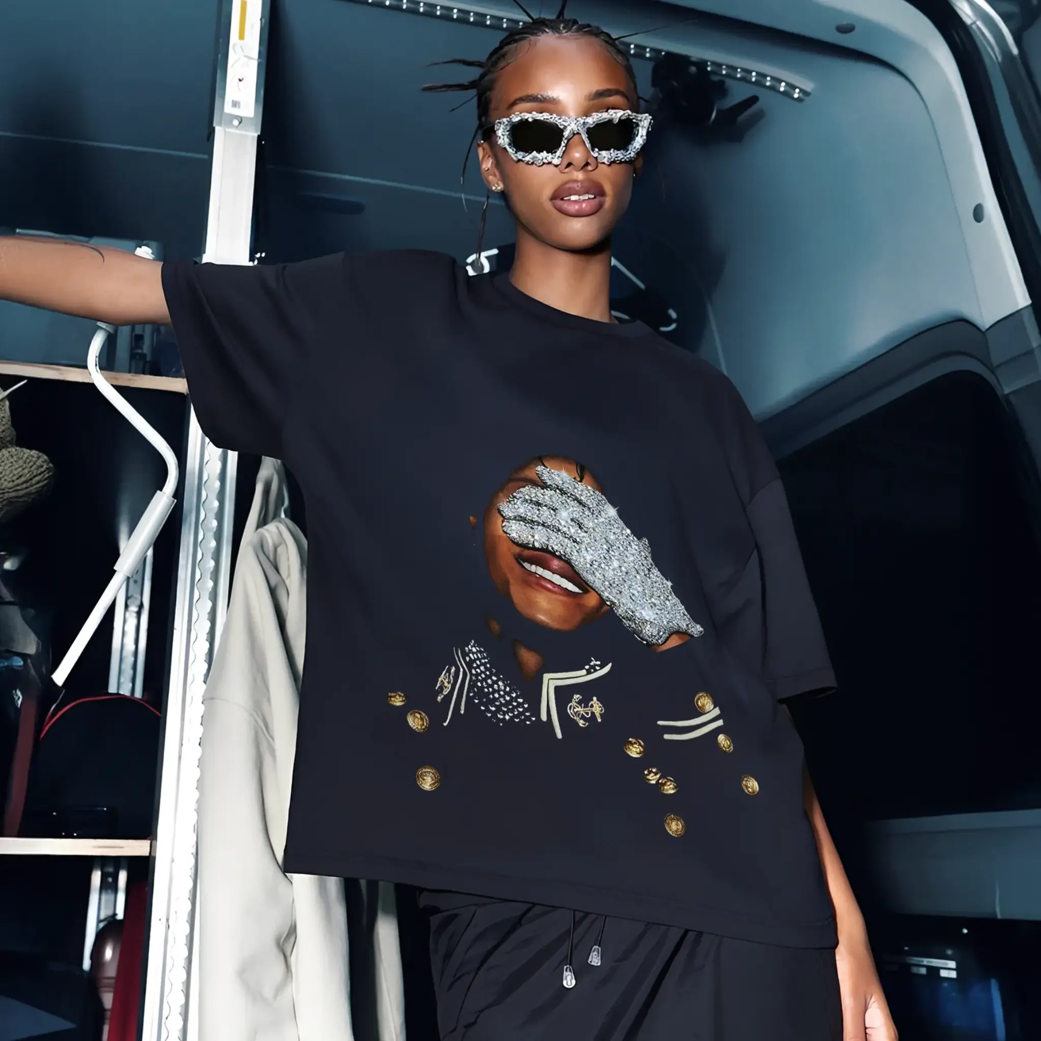 Rhinestone Graphic Tee for Men Women, Bling Music Portrait T-Shirt, Luxury Streetwear Oversized Concert Outfit Shirt